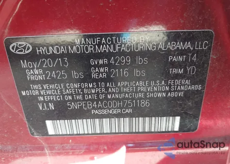 2013 Hyundai Sonata Gls z USA, uszkodzony, nr VIN 5NPEB4AC0DH751186